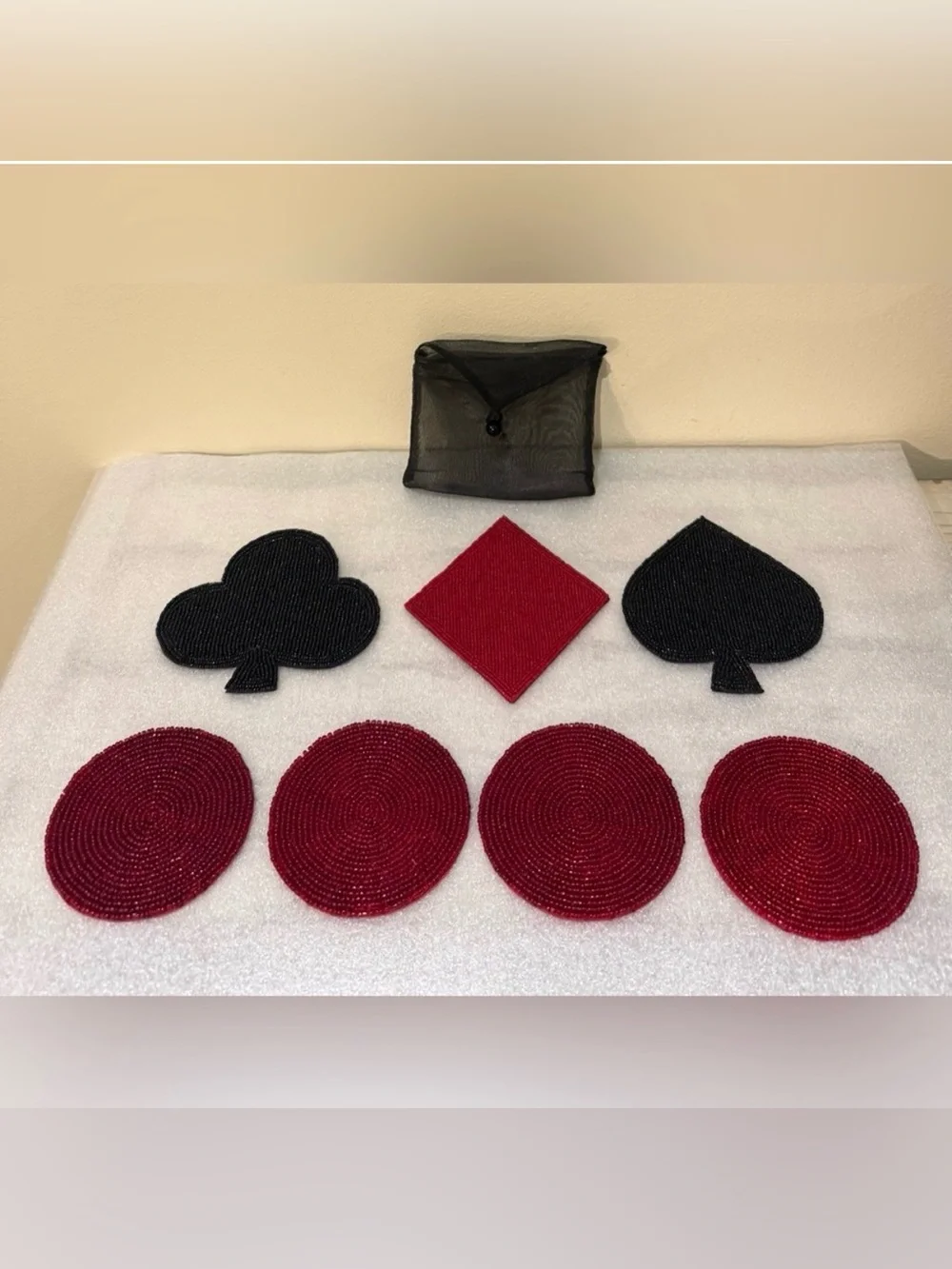 Vintage Beaded Playing Card Coasters Set of 7 Casino Poker Game Night Boho